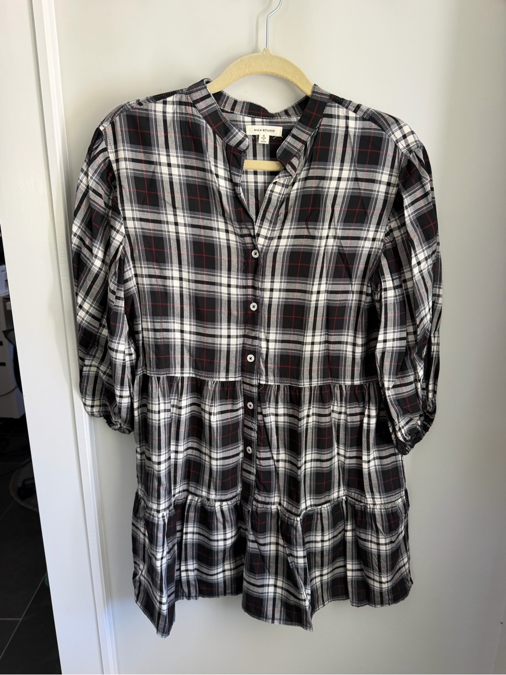Max Studio Black White Plaid Dress with Red Accents